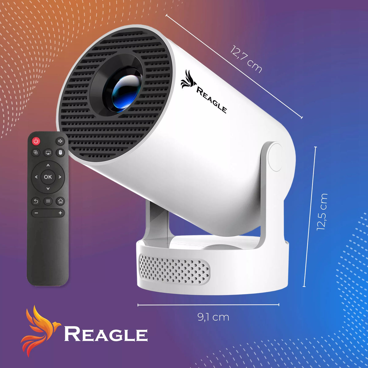 „Reagle“ nešiojamasis LED mini projektorius su „Android 14“, „Wi-Fi“ ir „Smart TV“, 2026 m. modelis, 1280 × 720