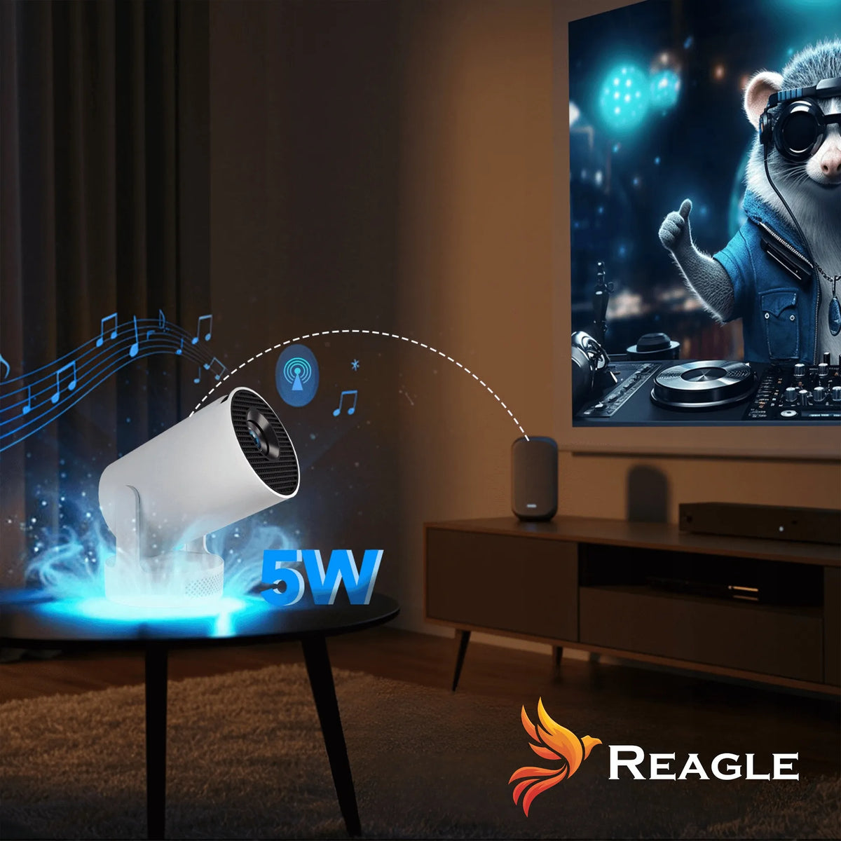 „Reagle“ nešiojamasis LED mini projektorius su „Android 14“, „Wi-Fi“ ir „Smart TV“, 2026 m. modelis, 1280 × 720