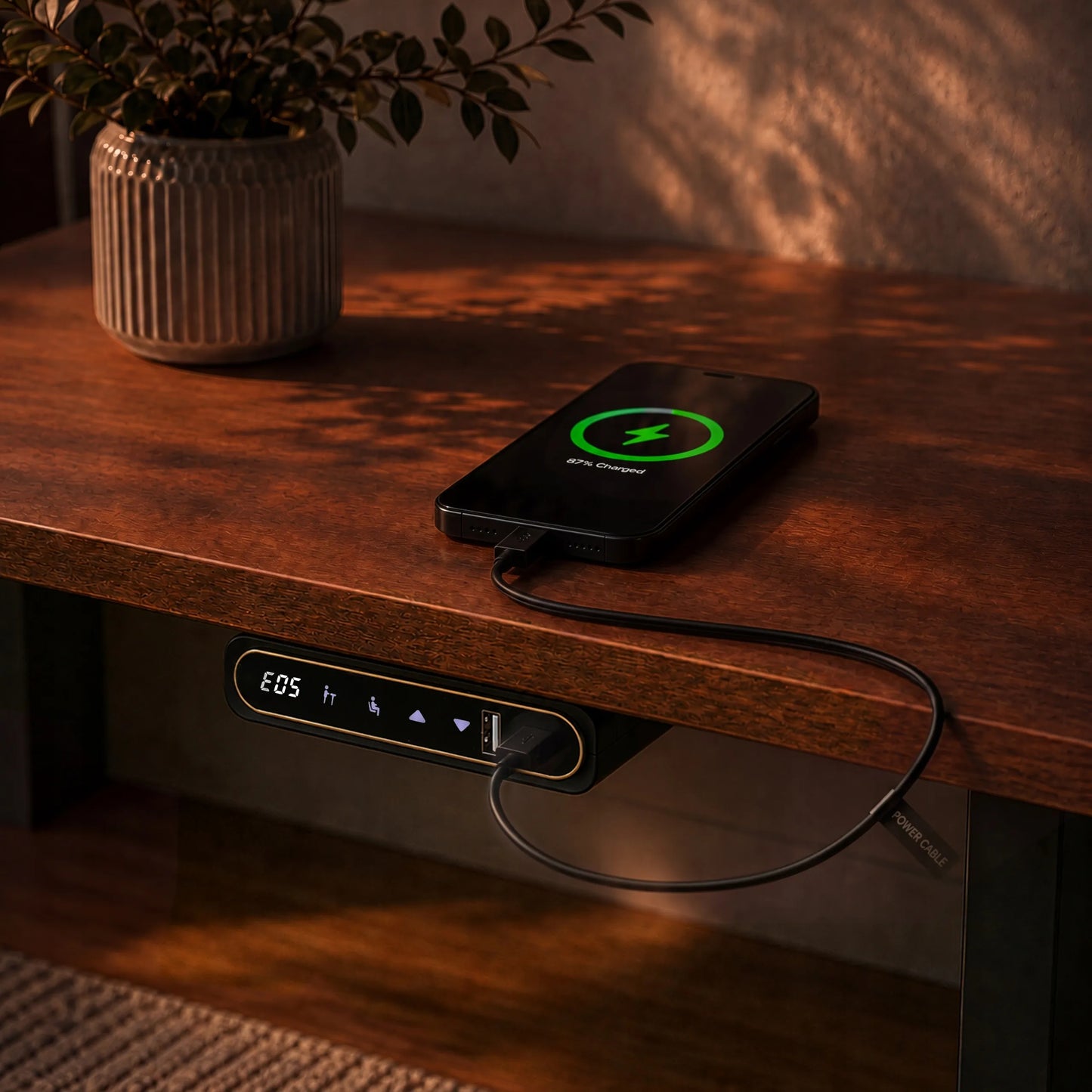 Reguliuojamo aukščio elektrinis rašomasis stalas 120x60 su greitojo įkrovimo funkcija