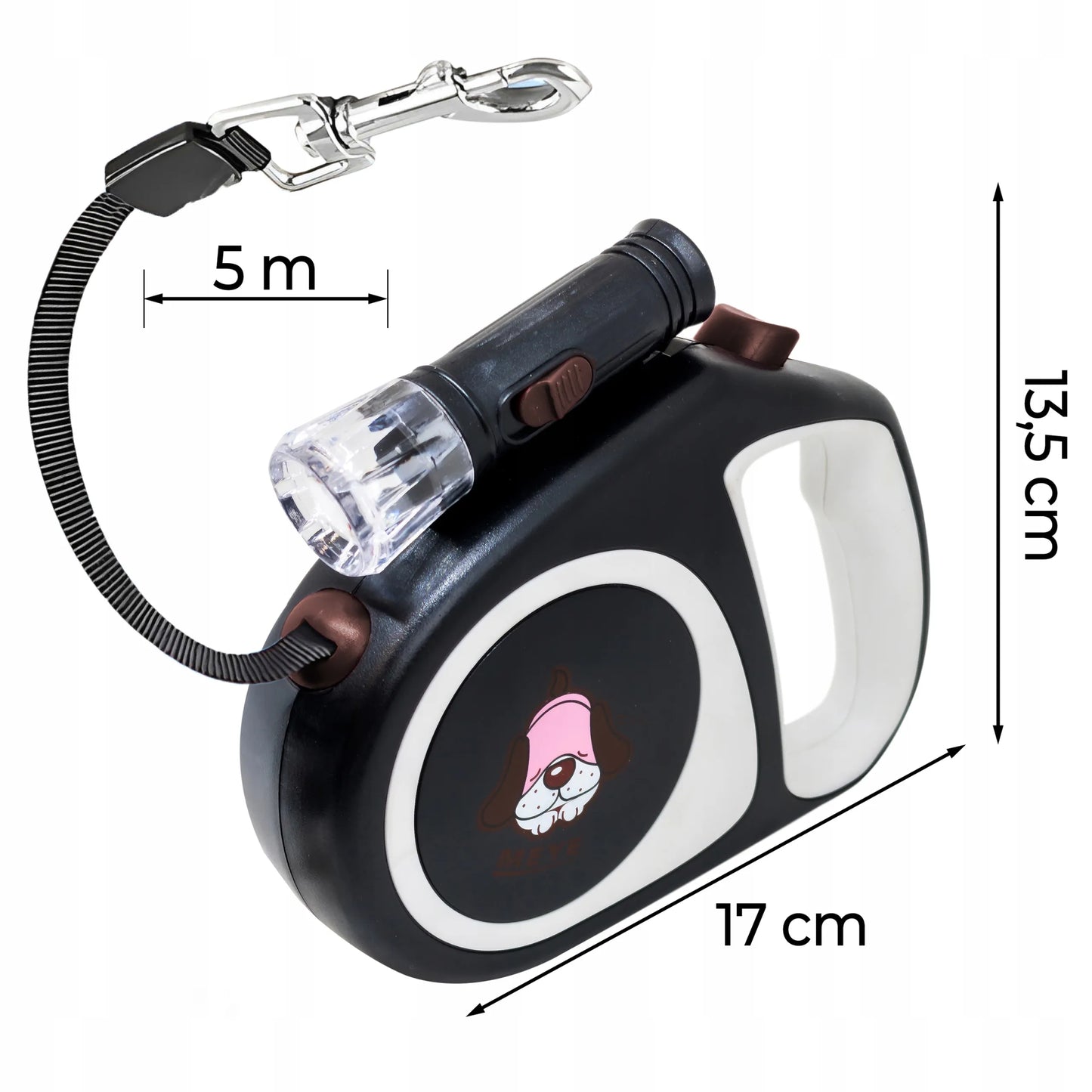 RETOO automatinis pavadėlis šunims ir katėms, tvirta 5 m juosta, blokavimas, iki 15 kg, LED žibintuvėlis