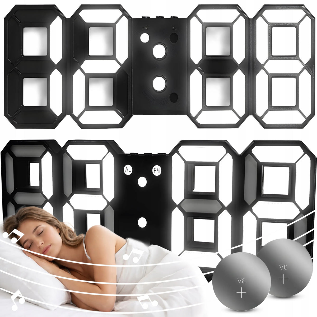 RETOO elektroninis LED laikrodis-žadintuvas su termometru, kalendoriumi ir 3D ekranu, juodas