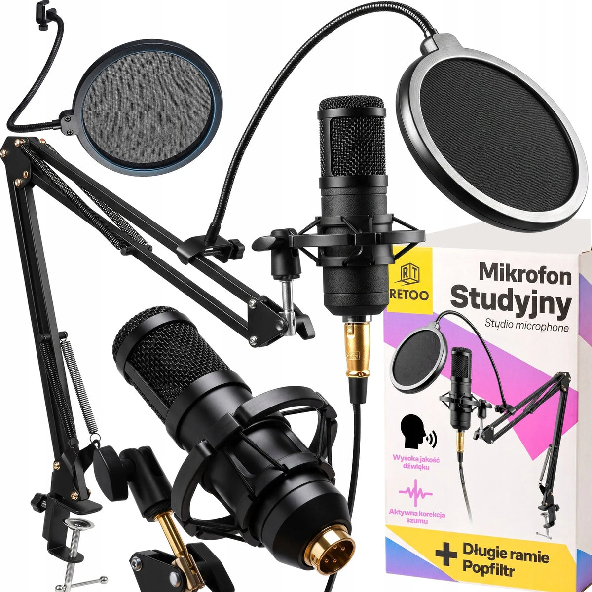 RETOO ER1189 kondensatorinis studijinis USB mikrofonas su stovu ir pop filtru