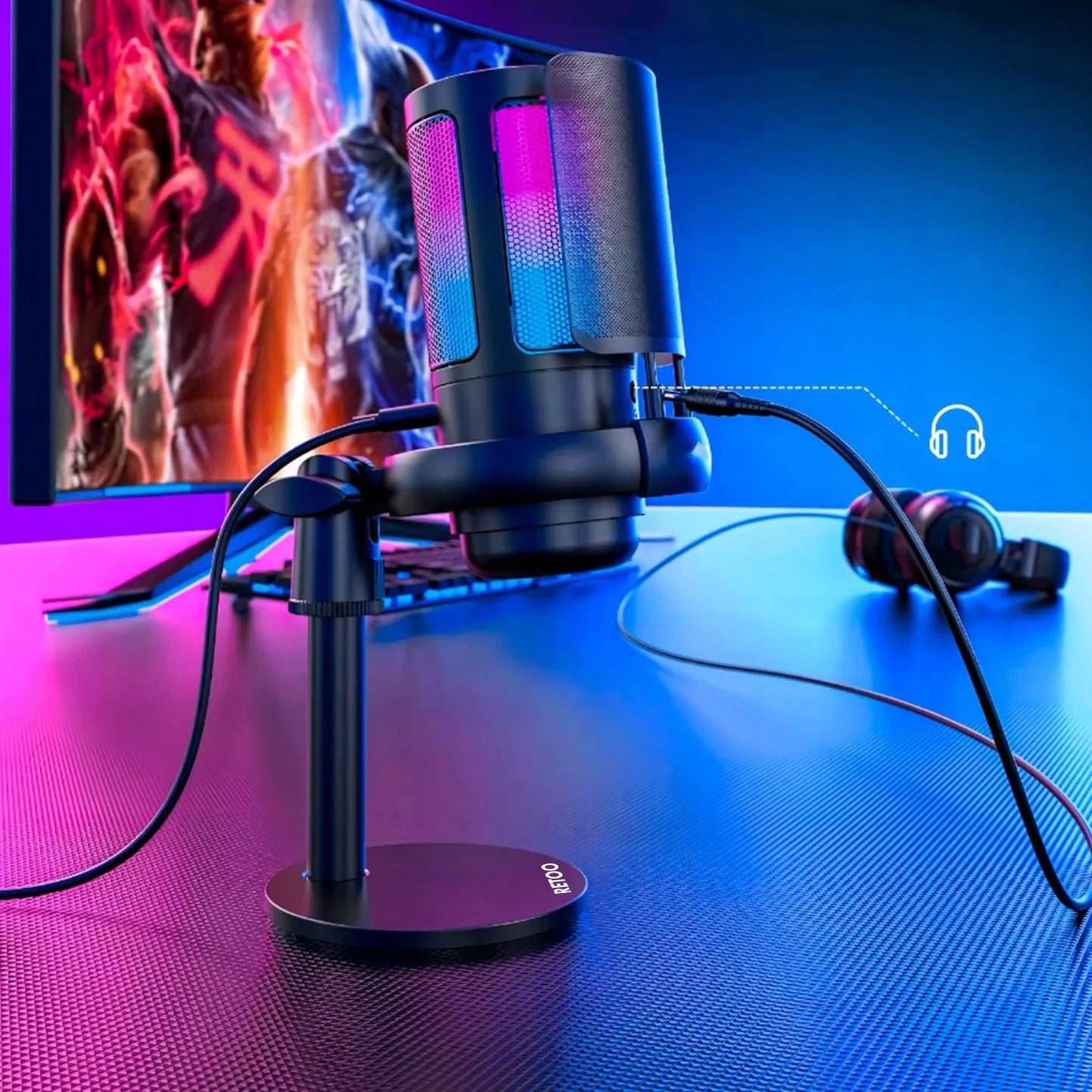 RETOO ER1190 USB kondensatorinis žaidimų mikrofonas kompiuteriui su pop filtru ir nutildymo funkcija