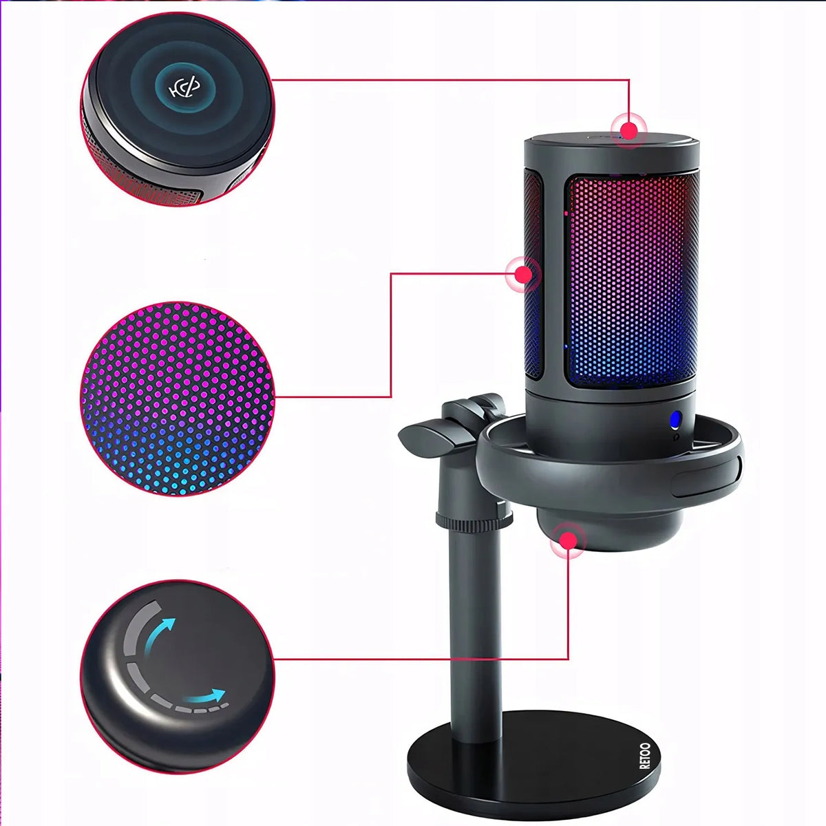 RETOO ER1190 USB kondensatorinis žaidimų mikrofonas kompiuteriui su pop filtru ir nutildymo funkcija
