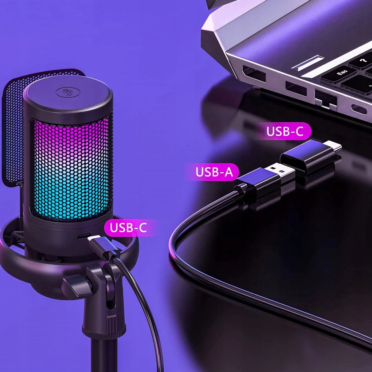 RETOO ER1190 USB kondensatorinis žaidimų mikrofonas kompiuteriui su pop filtru ir nutildymo funkcija
