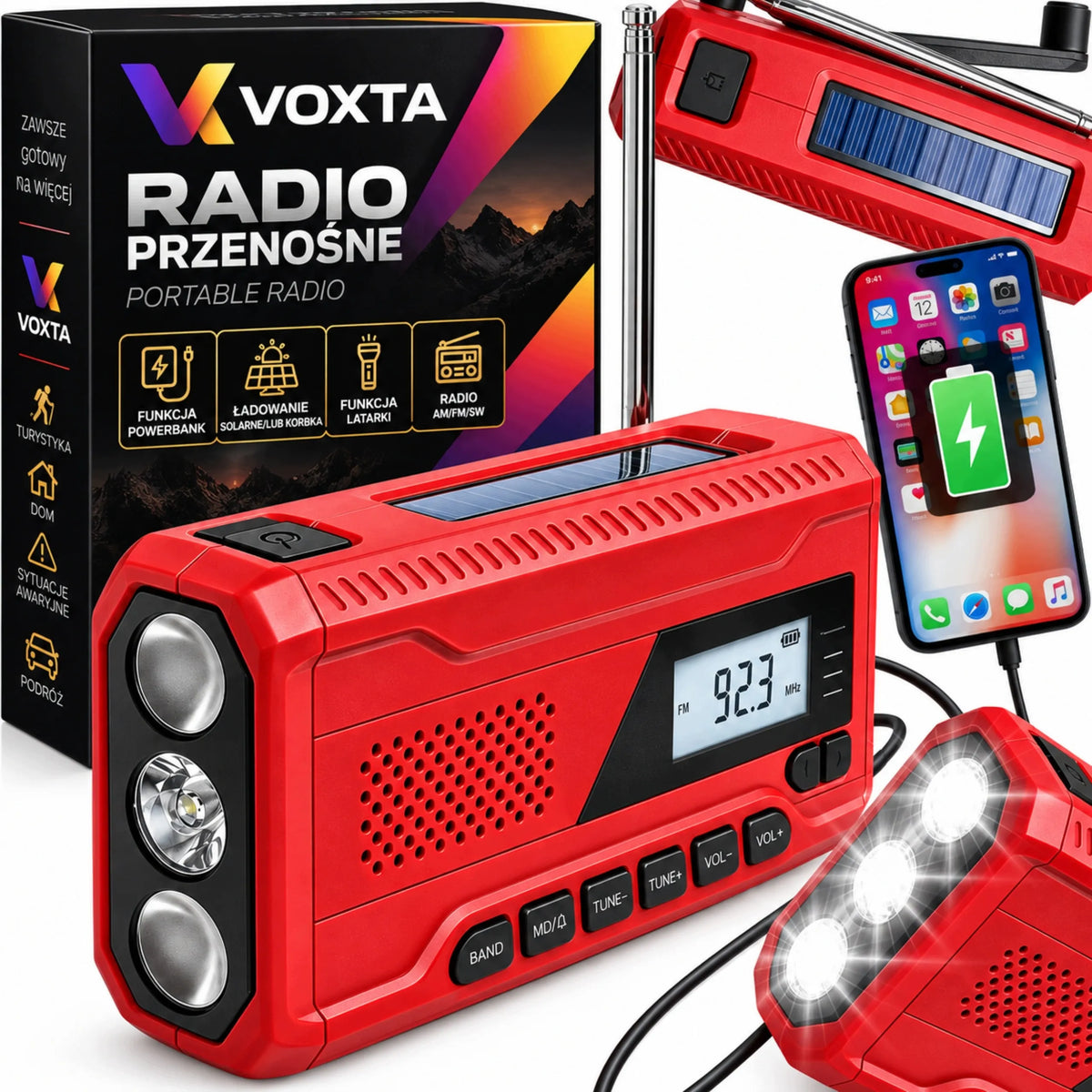 RETOO ER1283 avarinis radijas AM/FM su saulės skydeliu, rankine rankenėle, powerbanku ir žibintuvėliu