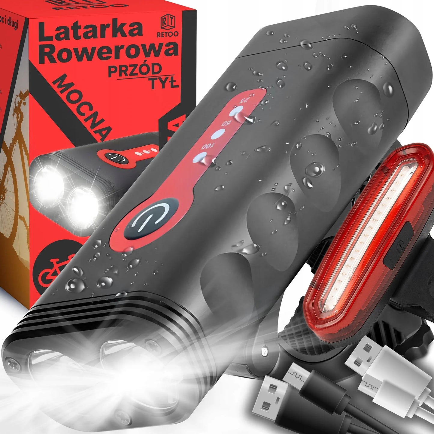 RETOO galingas LED dviračio žibintų komplektas 1800LM, priekinis ir galinis