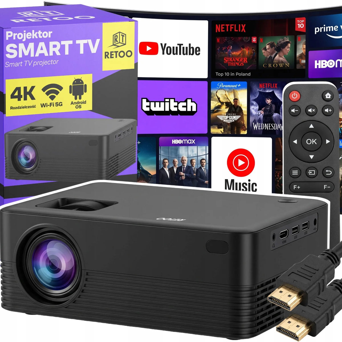 „Retoo“ projektorius su „Android“, „Wi-Fi“, „Full HD“, 9000 lm, 4K UHD palaikymu ir „Bluetooth“