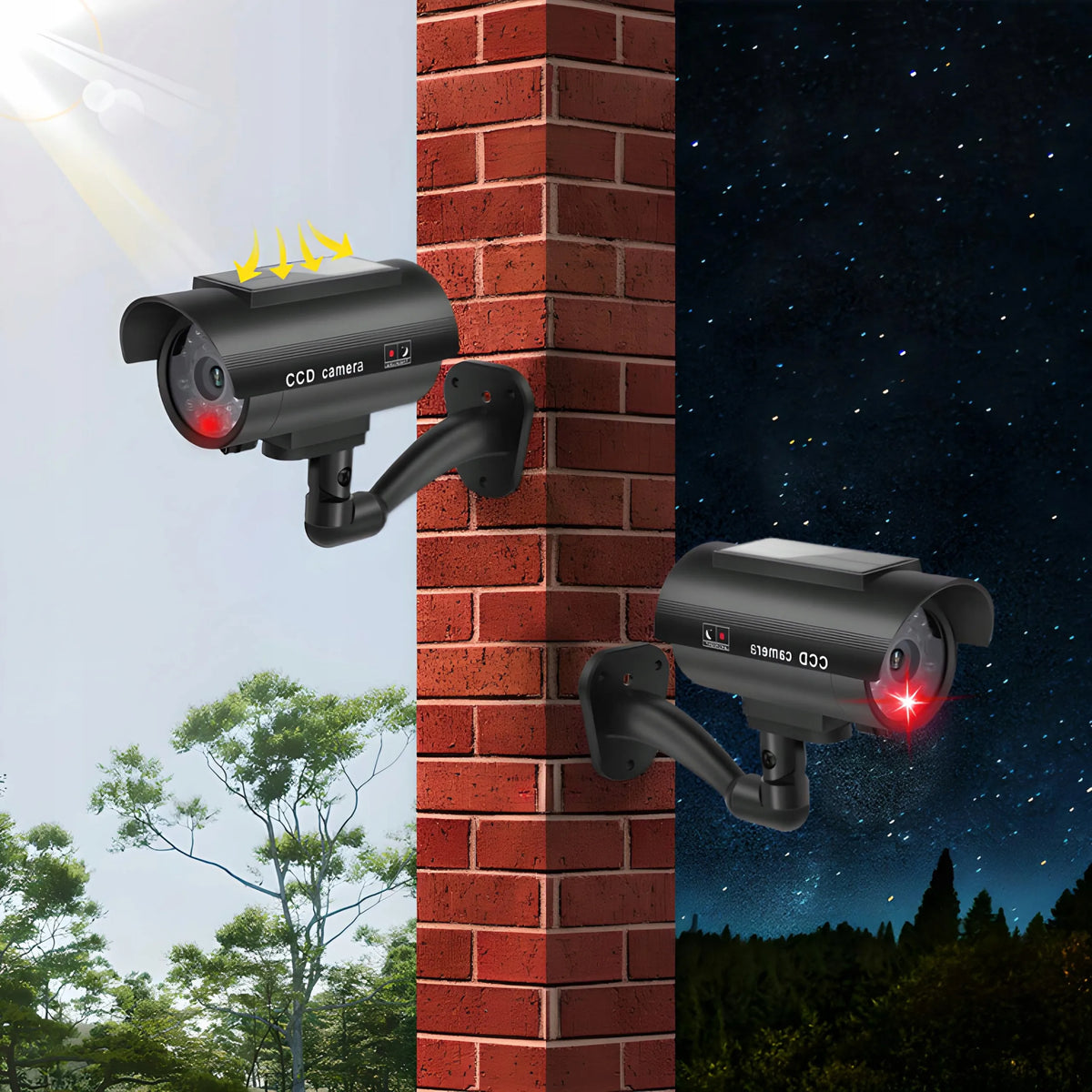 RETOO saulės energija maitinamas CCTV kameros muliažas su mirksinčiu LED indikatoriumi, juodas