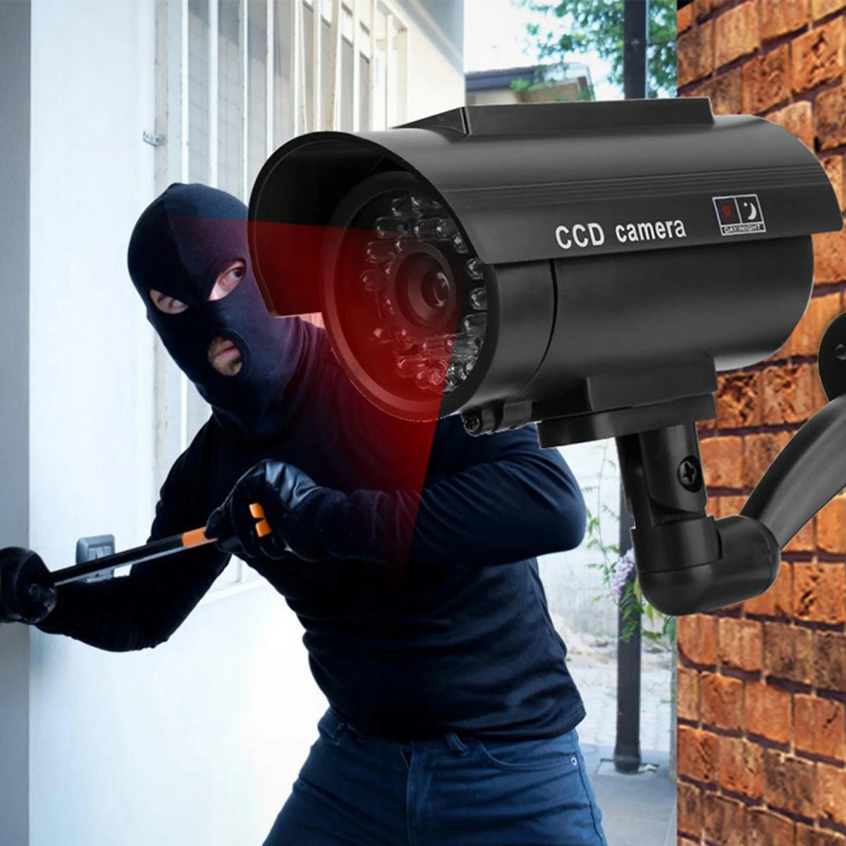 RETOO saulės energija maitinamas CCTV kameros muliažas su mirksinčiu LED indikatoriumi, juodas