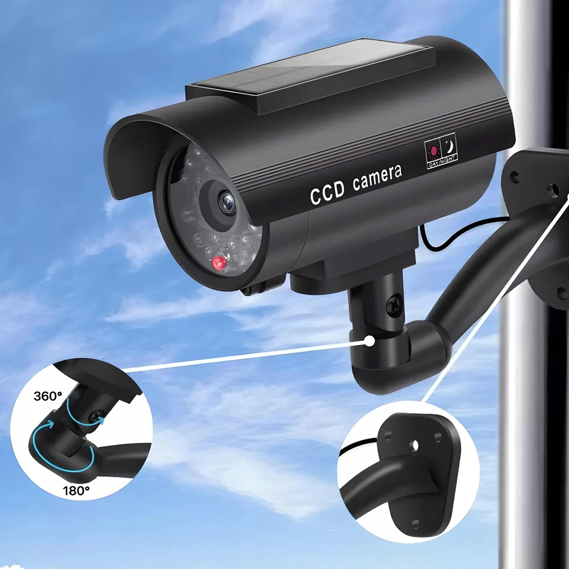 RETOO saulės energija maitinamas CCTV kameros muliažas su mirksinčiu LED indikatoriumi, juodas