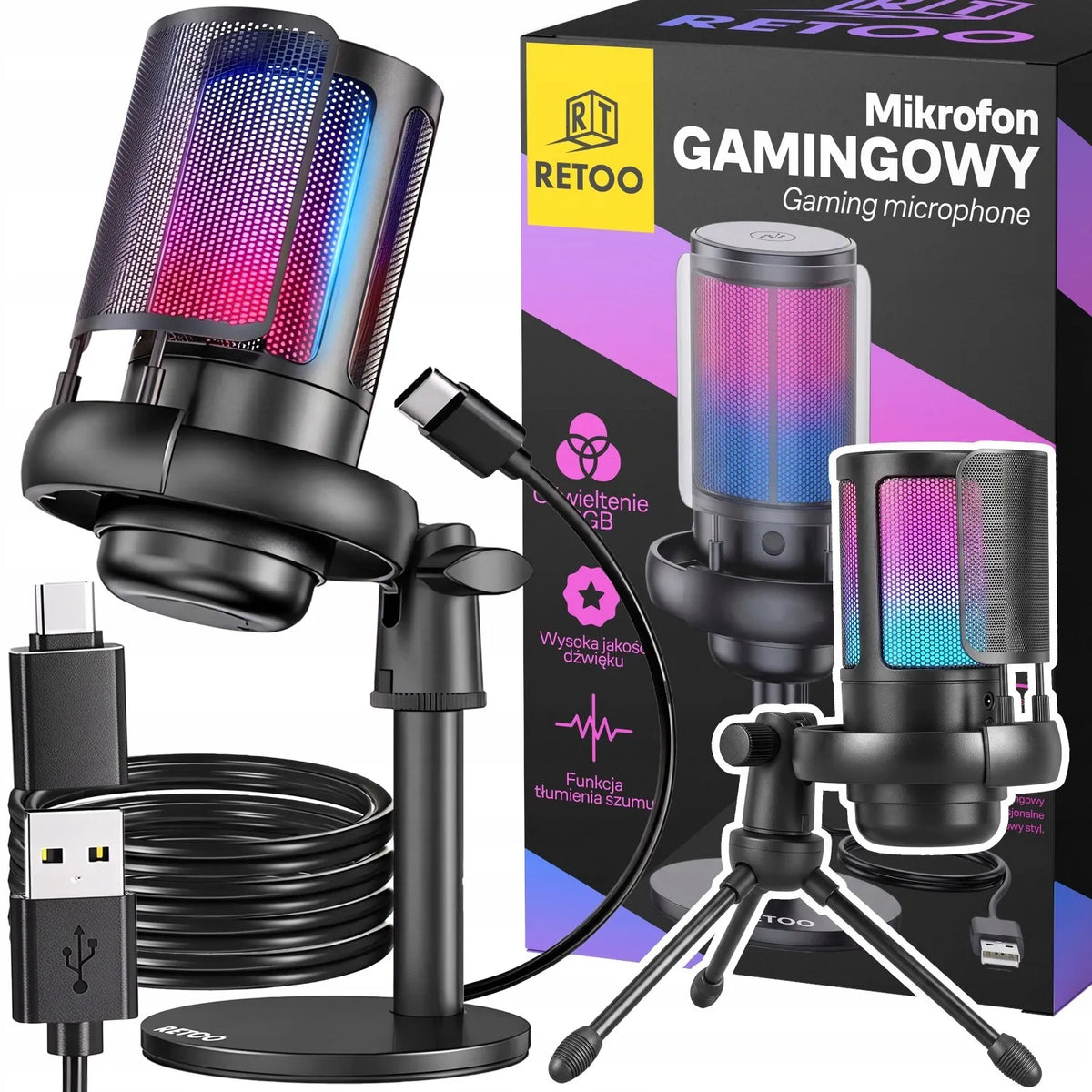 RETOO žaidimų USB mikrofonas kompiuteriui su pop filtru ir nutildymo funkcija