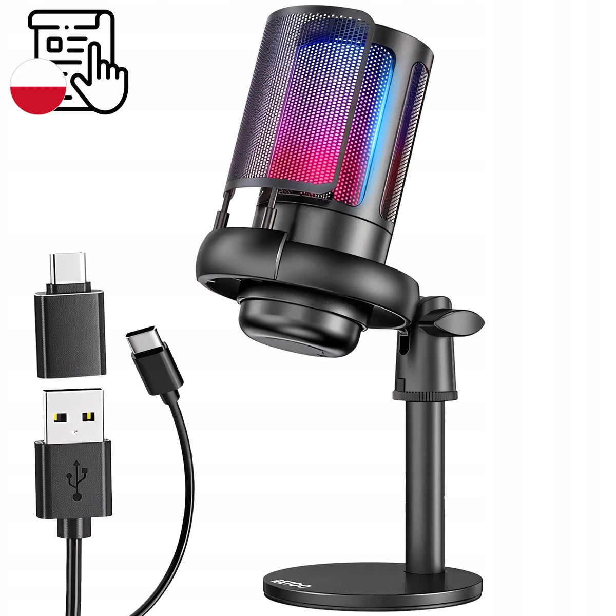 RETOO žaidimų USB mikrofonas kompiuteriui su pop filtru ir nutildymo funkcija
