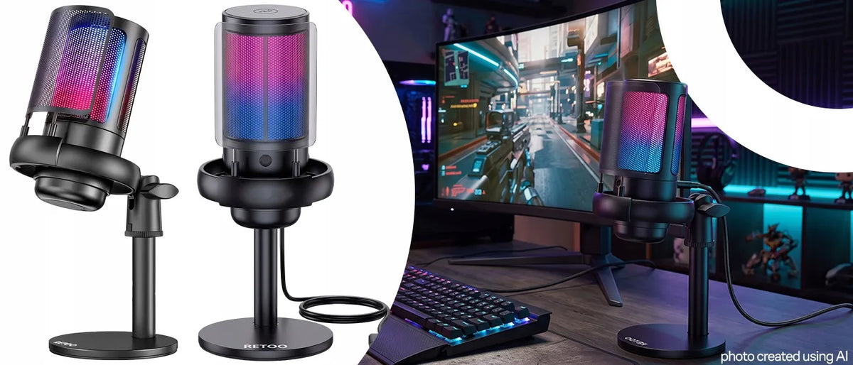 RETOO žaidimų USB mikrofonas kompiuteriui su pop filtru ir nutildymo funkcija