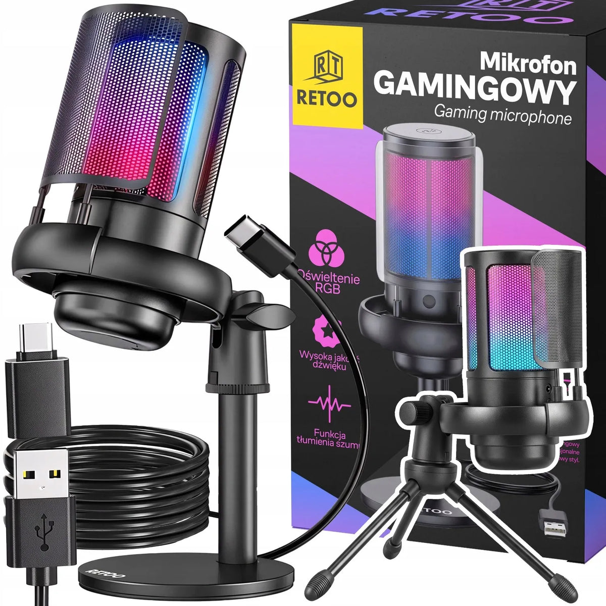 RETOO žaidimų USB mikrofonas kompiuteriui su pop filtru ir nutildymo funkcija