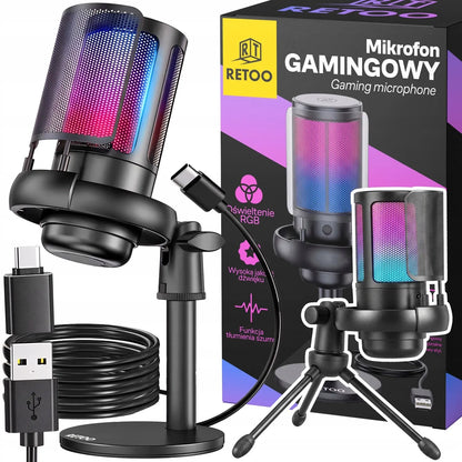 RETOO žaidimų USB mikrofonas kompiuteriui su pop filtru ir nutildymo funkcija