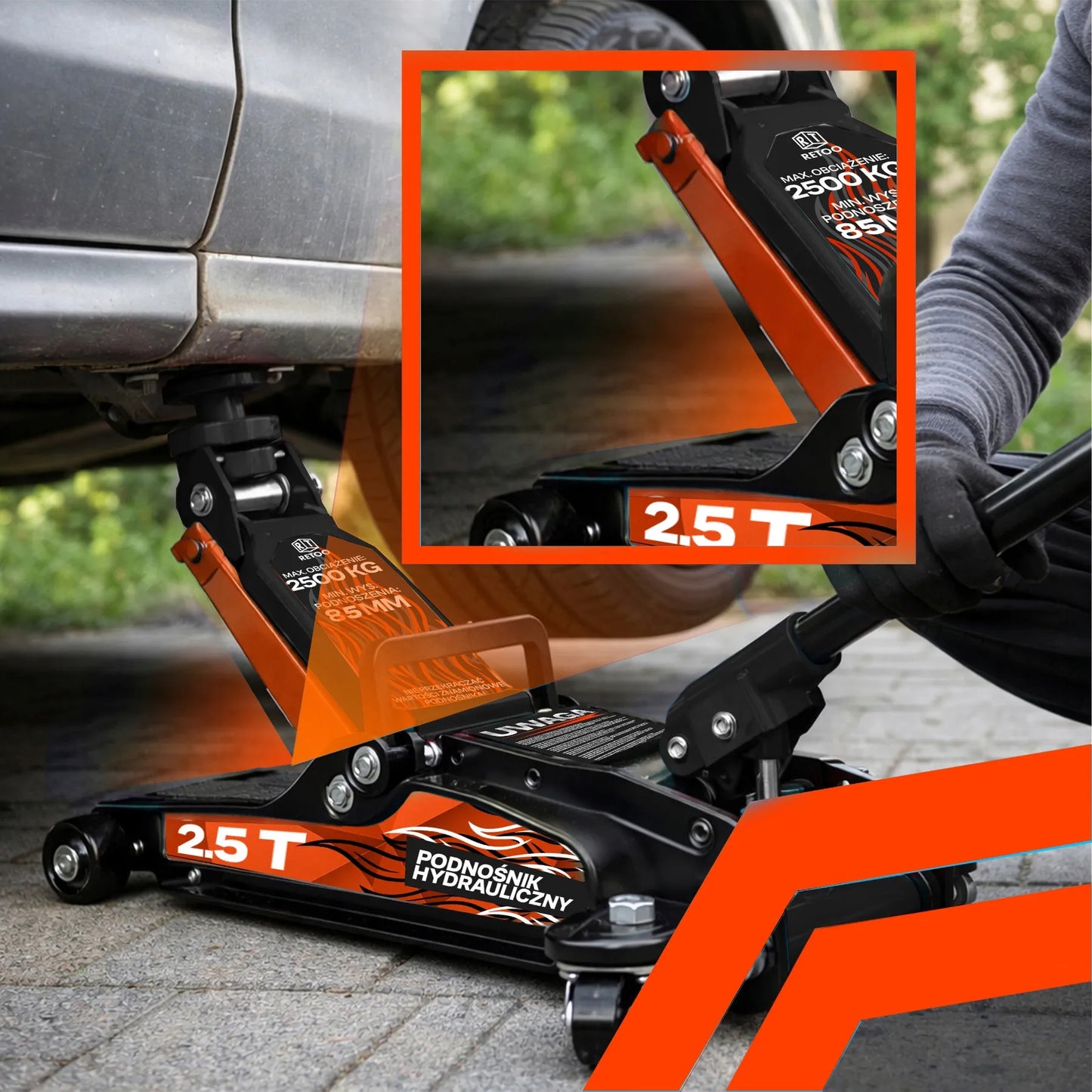 RETOO žemo profilio hidraulinis automobilinis keltuvas, 2,5T, 85–399 mm