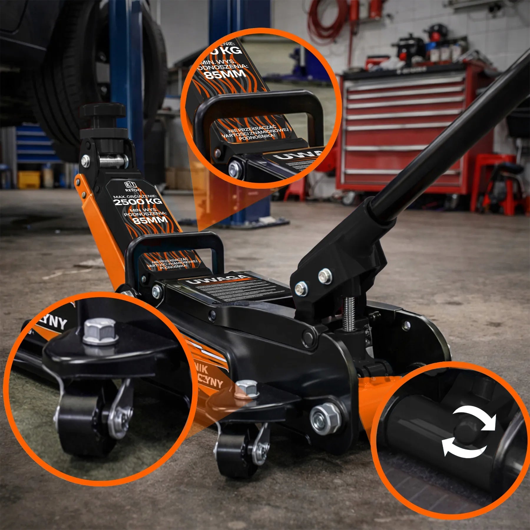 RETOO žemo profilio hidraulinis automobilinis keltuvas, 2,5T, 85–399 mm