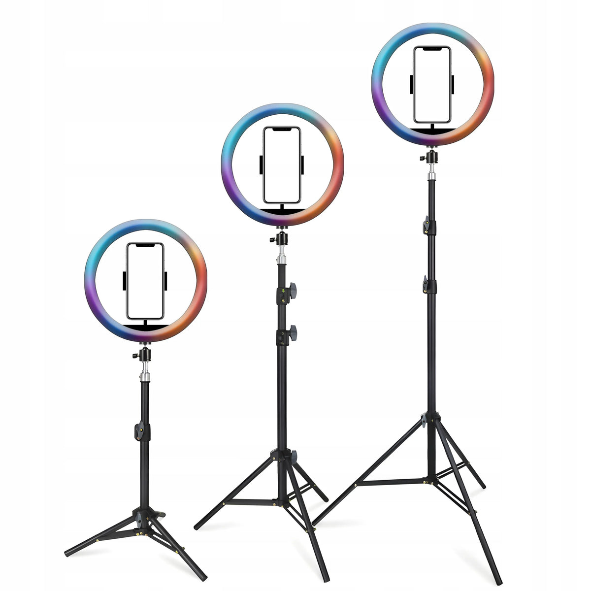 RGB LED žiedinė asmenukių lempa su stovu, nuotolinio valdymo pulteliu ir telefono laikikliu, 210 cm