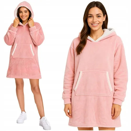 Ruhhy 26144 moteriškas rožinis džemperis-pledas su gobtuvu, oversize, XXL