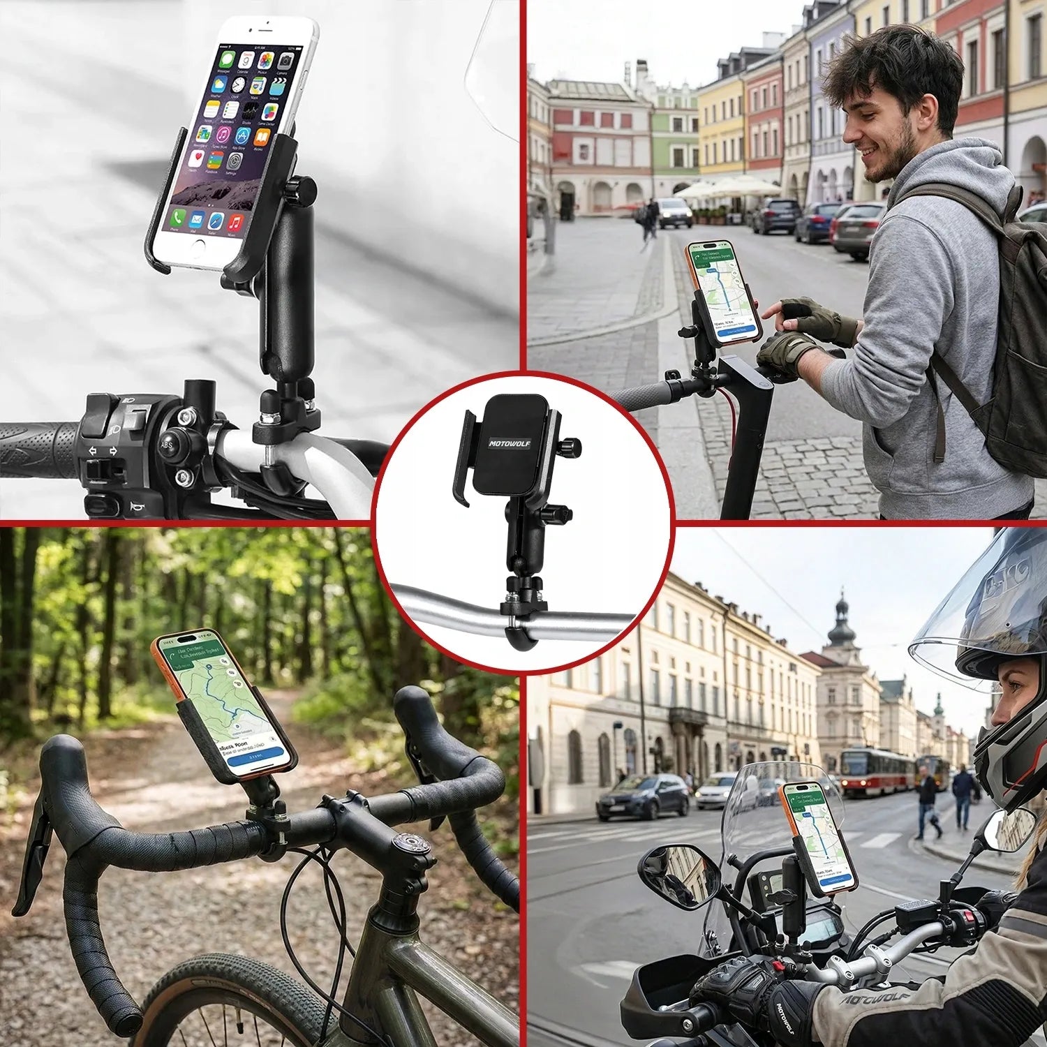 ŠARVUOTAS ANTIVIBRACINIS MOTOCIKLO IR DVIRAČIO TELEFONO LAIKIKLIS MOTOWOLF