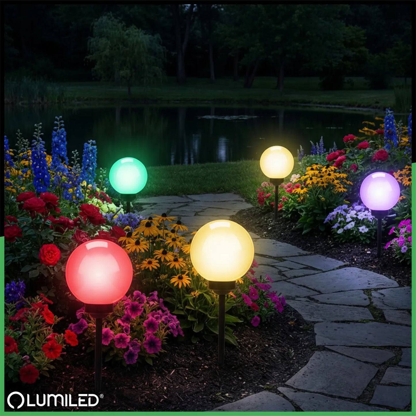 Saulės energija maitinamas LED sodo šviestuvas, įsmeigiamas, baltas rutulys 15 cm RGB