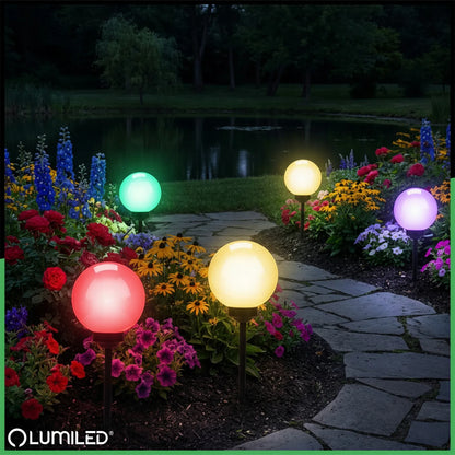 Saulės energija maitinamas LED sodo šviestuvas, įsmeigiamas, baltas rutulys 15 cm RGB