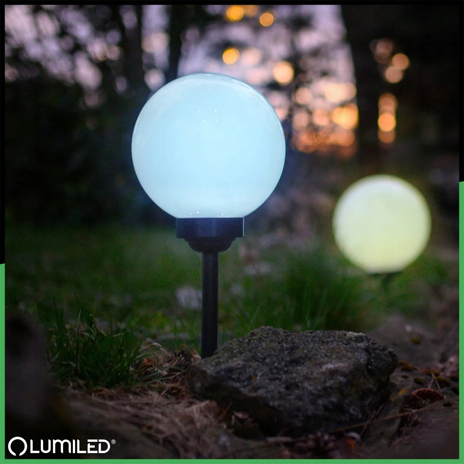 Saulės energija maitinamas LED sodo šviestuvas, įsmeigiamas, baltas rutulys 15 cm RGB