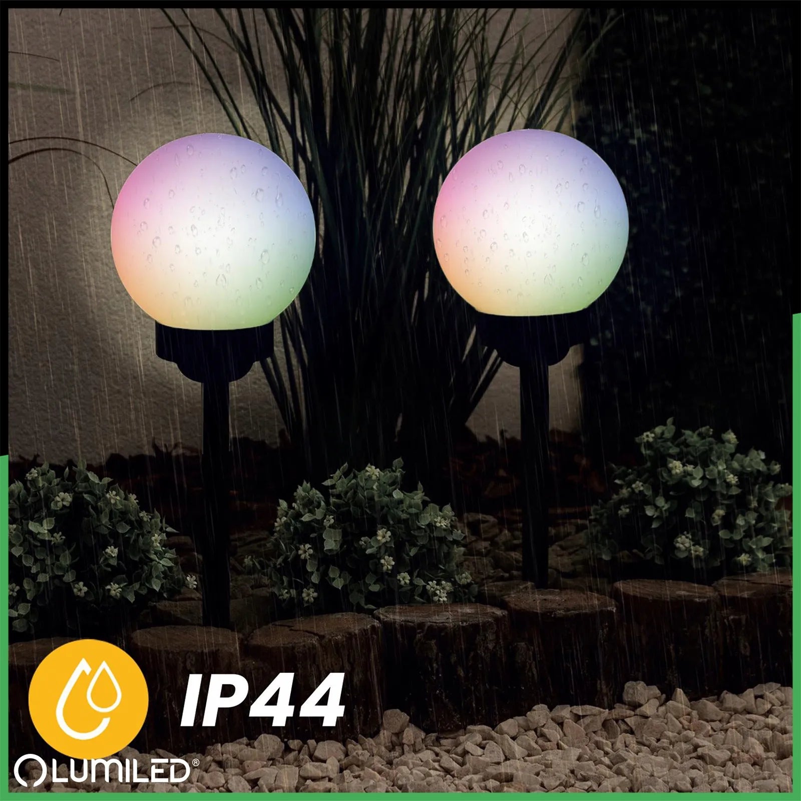Saulės energija maitinamas LED sodo šviestuvas, įsmeigiamas, baltas rutulys 15 cm RGB