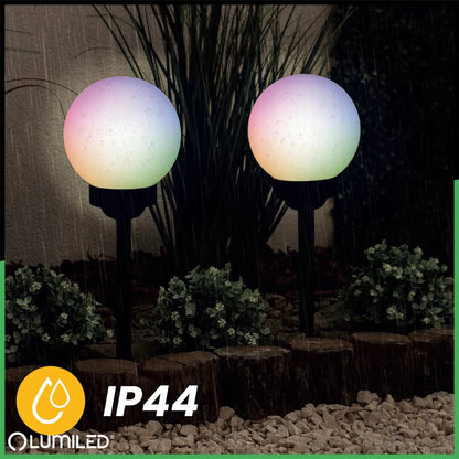 Saulės energija maitinamas LED sodo šviestuvas, įsmeigiamas, baltas rutulys 15 cm RGB