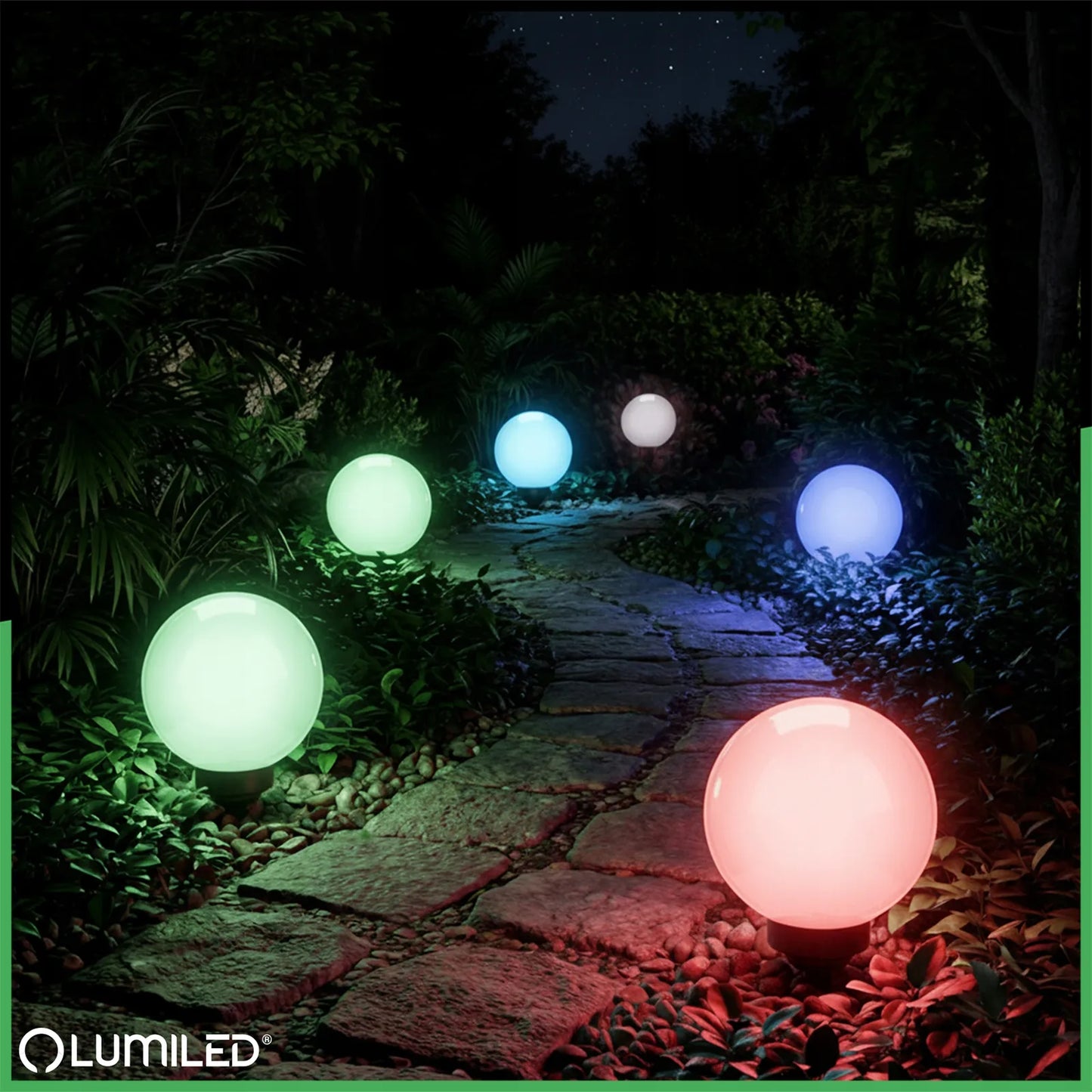 Saulės energija maitinamas LED sodo šviestuvas, įsmeigiamas į žemę, baltas rutulys 15 cm RGB