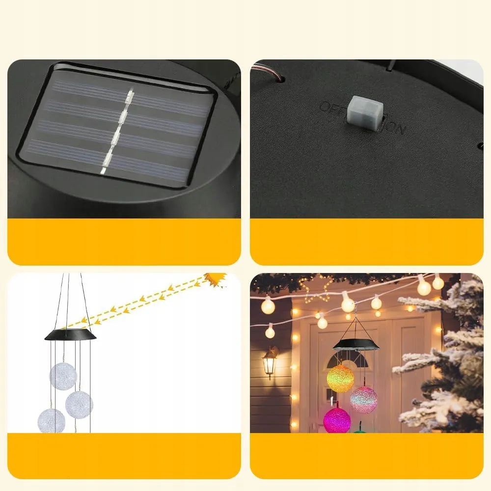 Saulės energija maitinamas RGB LED vėjo varpelis su 6 rutuliais sodo dekoracijai