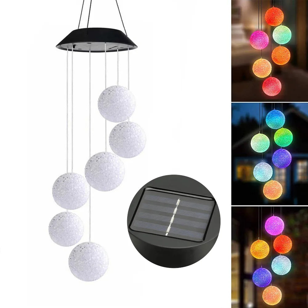 Saulės energija maitinamas RGB LED vėjo varpelis su 6 rutuliais sodo dekoracijai