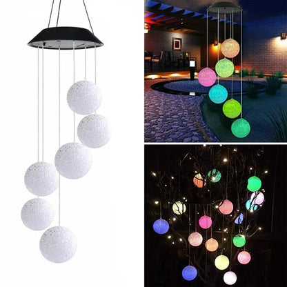 Saulės energija maitinamas RGB LED vėjo varpelis su 6 rutuliais sodo dekoracijai