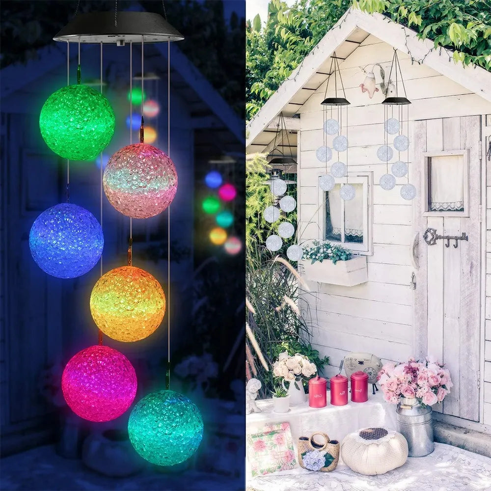 Saulės energija maitinamas RGB LED vėjo varpelis su 6 rutuliais sodo dekoracijai