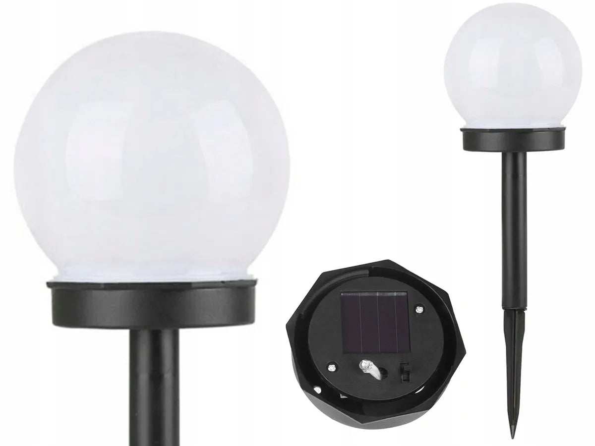 SAULĖS energija maitinamas sodo LED šviestuvas, baltas rutulio formos stulpelis, 10 cm, įsmeigiamas, dekoratyvinis