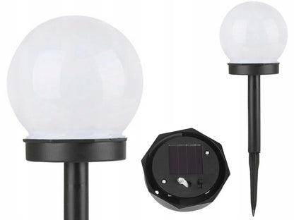 SAULĖS energija maitinamas sodo LED šviestuvas, baltas rutulio formos stulpelis, 10 cm, įsmeigiamas, dekoratyvinis
