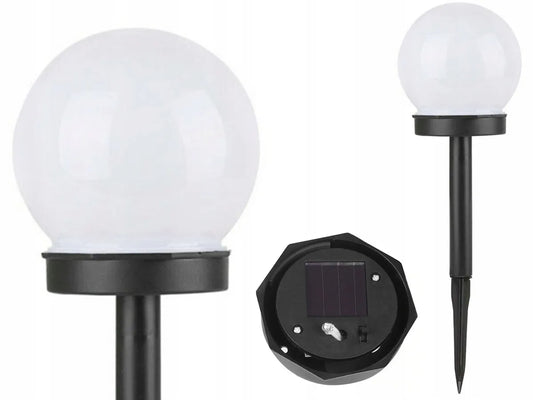 SAULĖS energija maitinamas sodo LED šviestuvas, baltas rutulio formos stulpelis, 10 cm, įsmeigiamas, dekoratyvinis