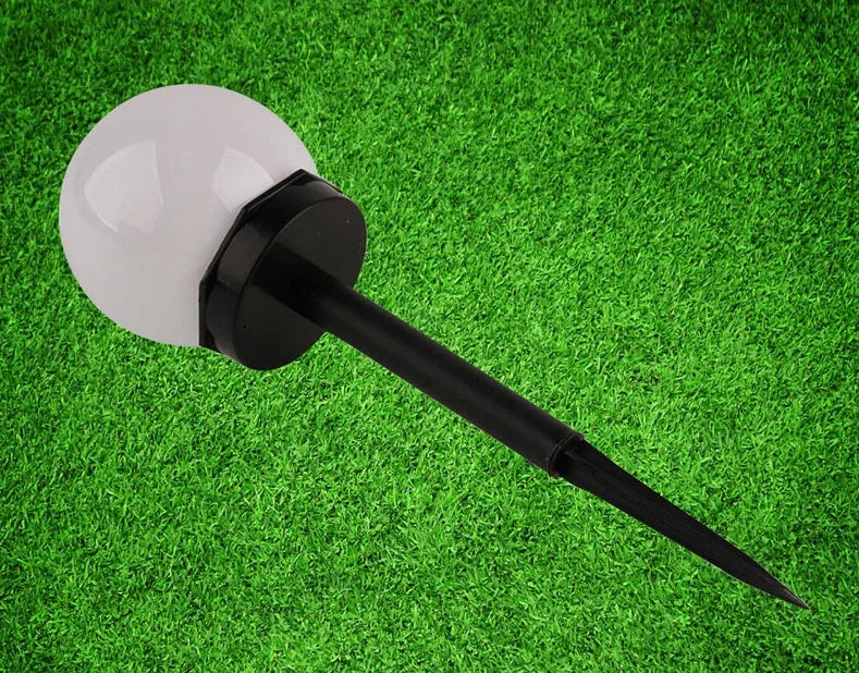 SAULĖS energija maitinamas sodo LED šviestuvas, baltas rutulio formos stulpelis, 10 cm, įsmeigiamas, dekoratyvinis