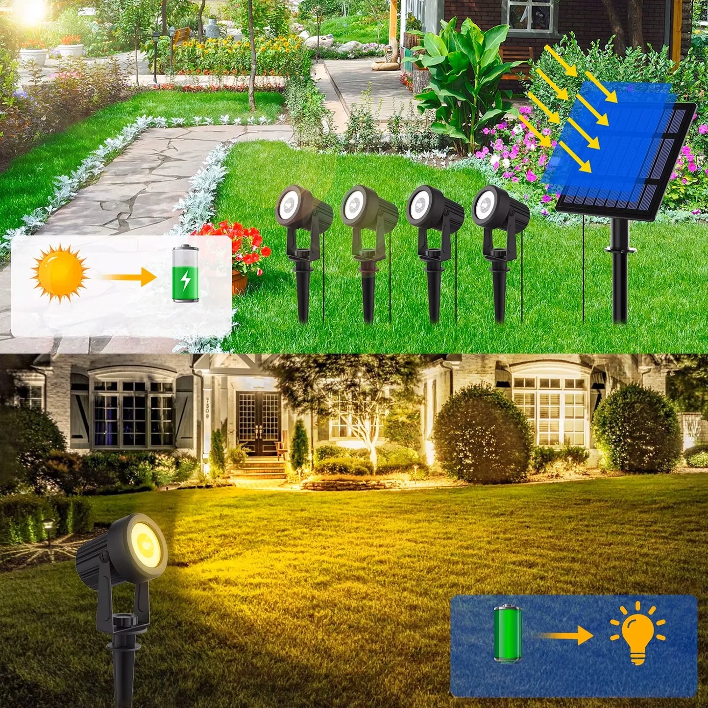 Saulės energija maitinamas sodo LED šviestuvas, įsmeigiamas, 4x prožektorius, prieblandos jutiklis