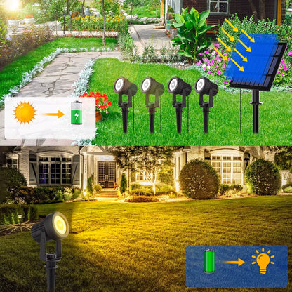 Saulės energija maitinamas sodo LED šviestuvas, įsmeigiamas, 4x prožektorius, prieblandos jutiklis