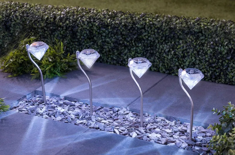 Saulės energija maitinamas sodo šviestuvas, įsmeigiamas stulpelis, deimanto formos, 2 LED, balta / RGB, P-780