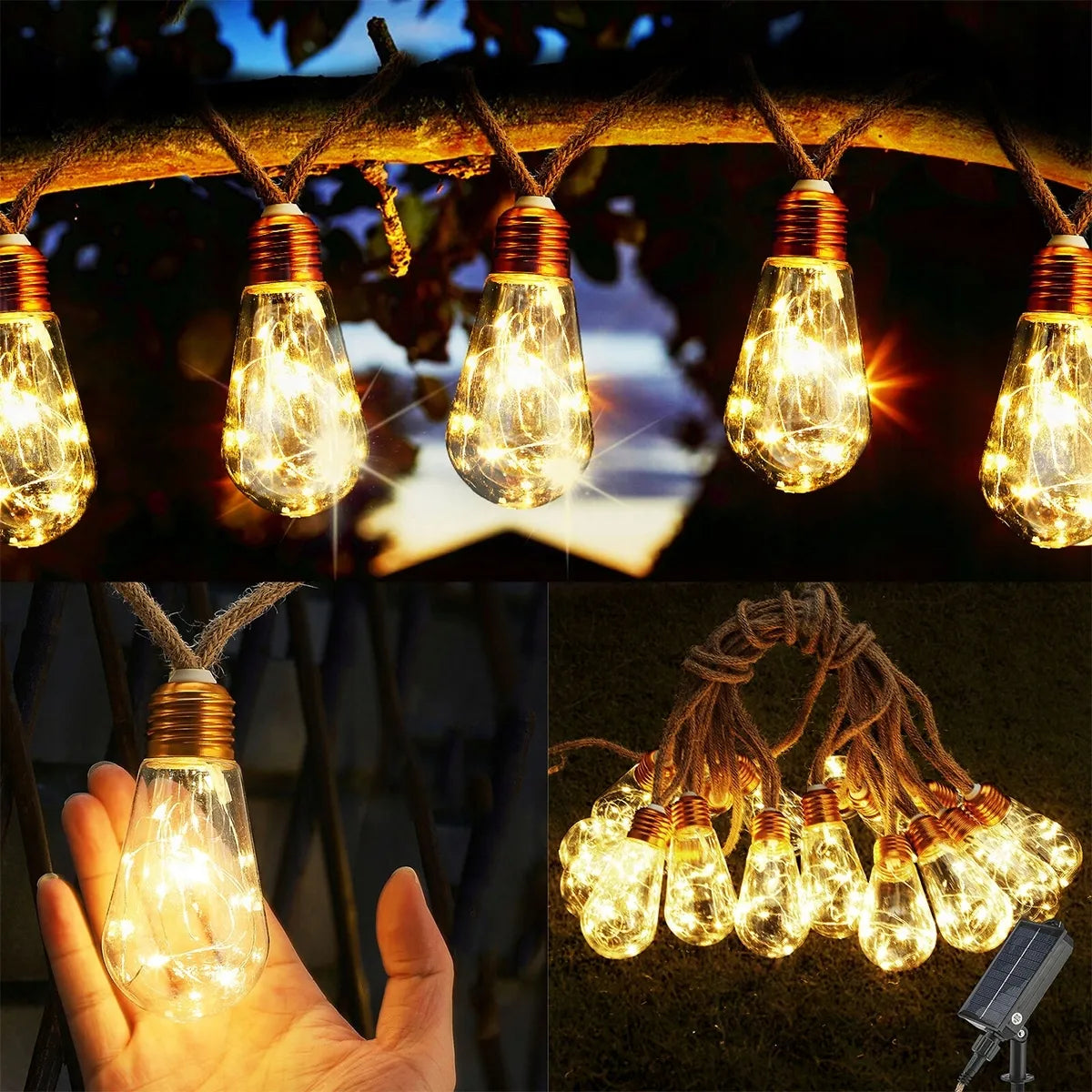 Saulės energija maitinamos LED girliandos su 16 lempučių ant virvės