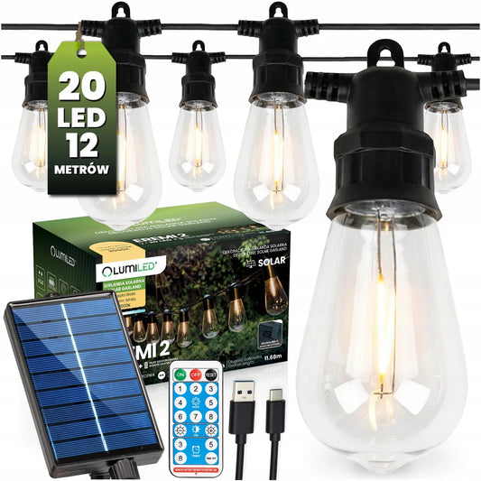 Saulės energija veikianti sodo girlianda, 20 LED lempučių balkonui ir terasai
