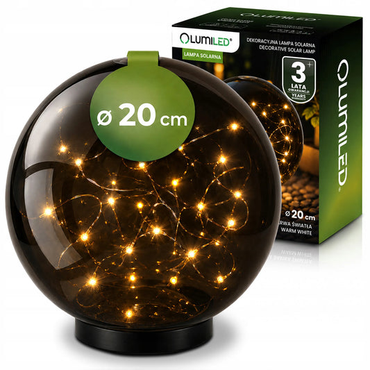 Saulės sodo LED stulpelis, įsmeigiamas dekoratyvinis dūminio stiklo rutulys 20 cm