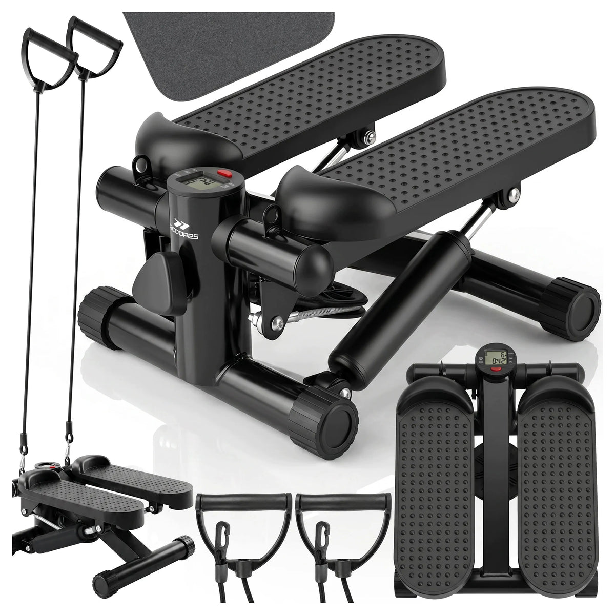 Scoopes BodyStep treniruoklis-steperis su pasipriešinimo virvėmis, LCD skaitikliu ir apsauginiu kilimėliu, 100 kg
