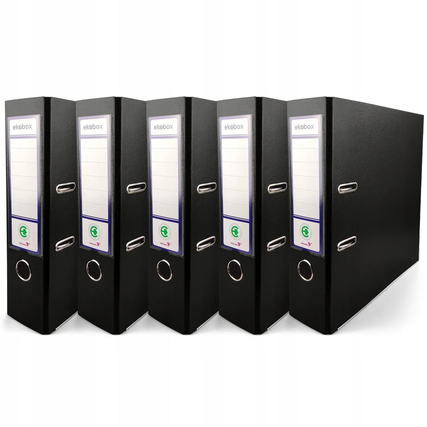 Segtuvas su svirtimi A4 PP EKOBOX 80 mm JUODAS 5 vnt. platus storas biurui