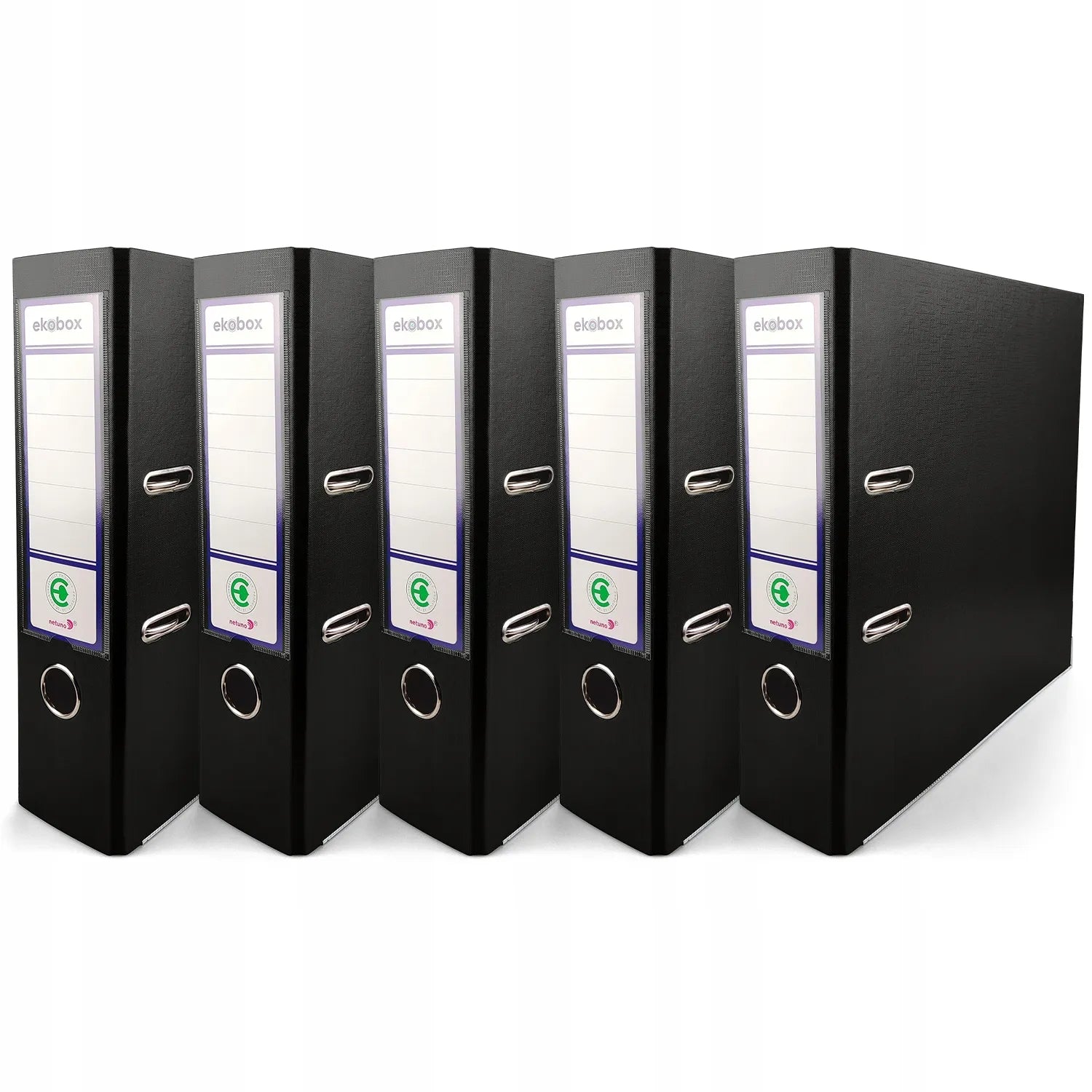 Segtuvas su svirtimi A4 PP EKOBOX 80 mm JUODAS 5 vnt. platus storas biurui