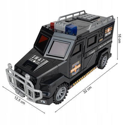 Seifas-taupyklė policijos automobilis monetoms ir banknotams su PIN kodu