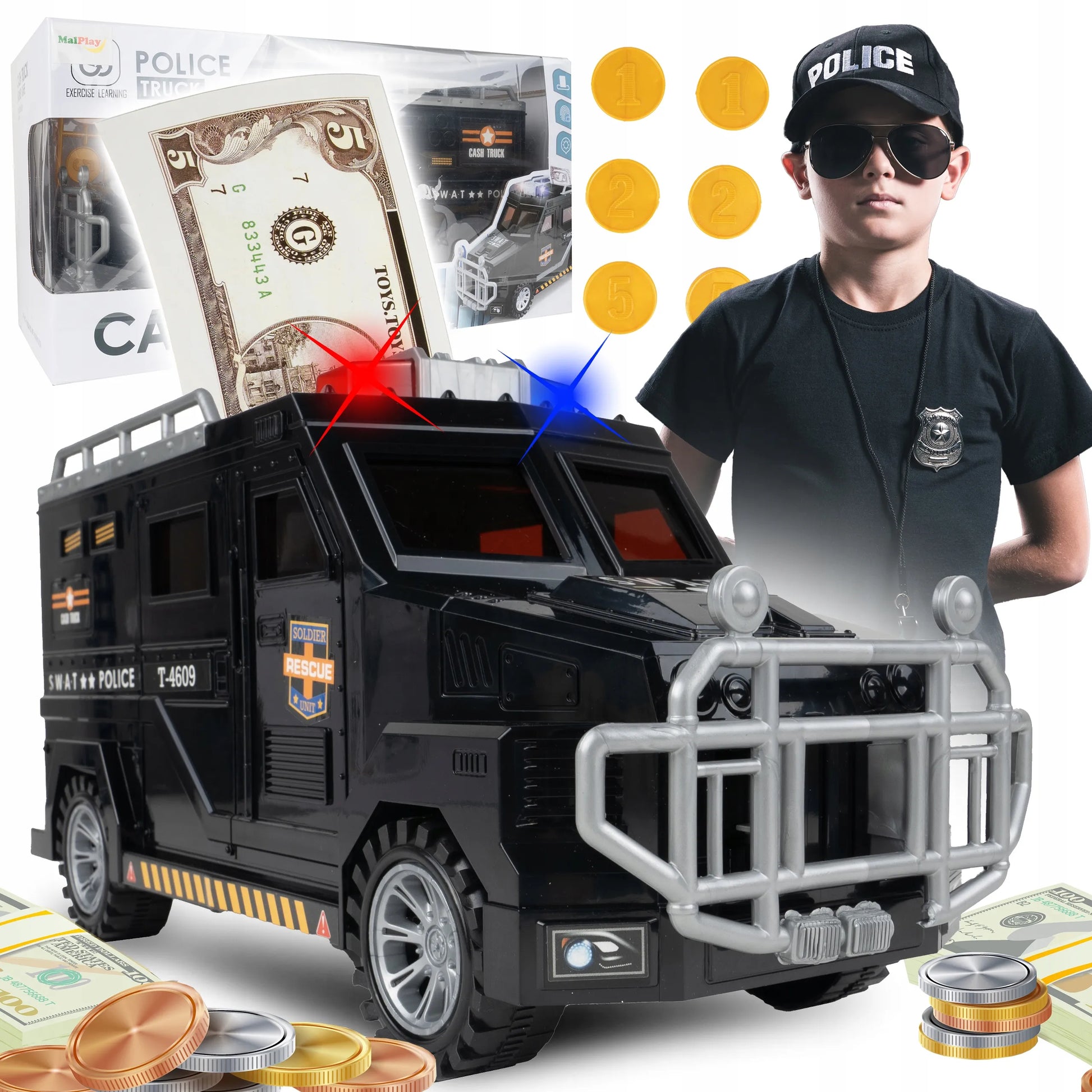 Seifas-taupyklė policijos automobilis monetoms ir banknotams su PIN kodu